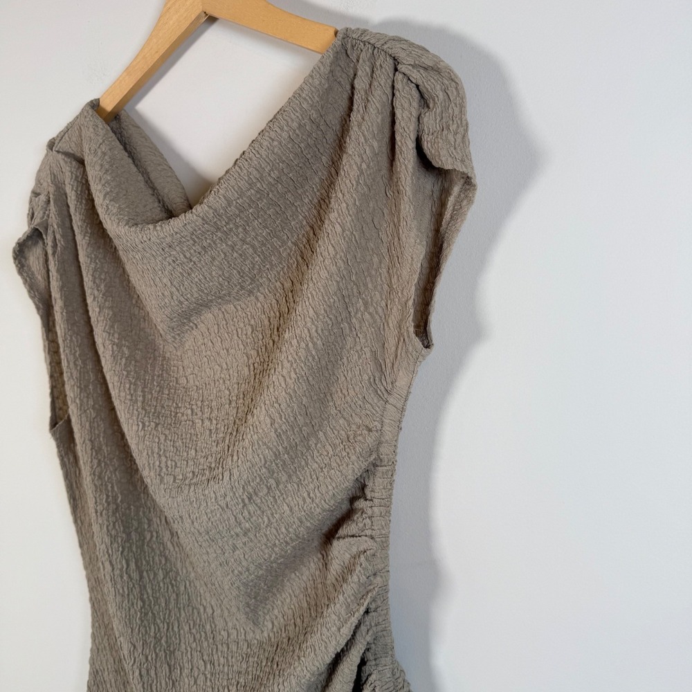 NEW Modern Works One Shoulder Top Medium Tan Ruched Textured Asymmetrical Blouse - Picture 2 of 6